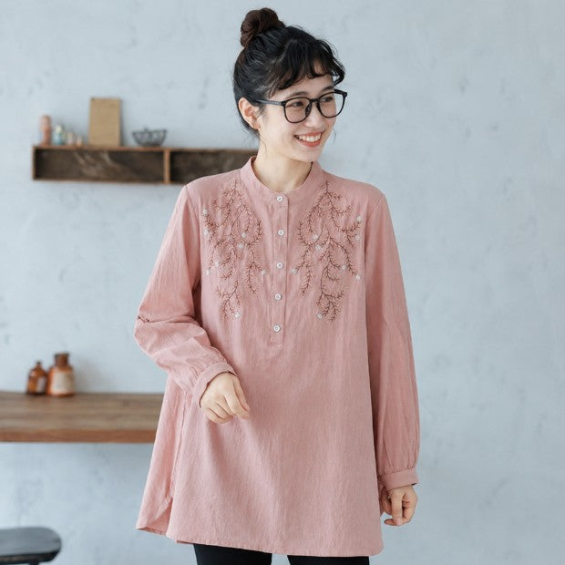 M-2XL 長く着られる スタンドカラー 刺繍 ロング丈 体型カバー シャツ M ホワイト