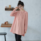 M-2XL 長く着られる スタンドカラー 刺繍 ロング丈 体型カバー シャツ 2XL ピンク