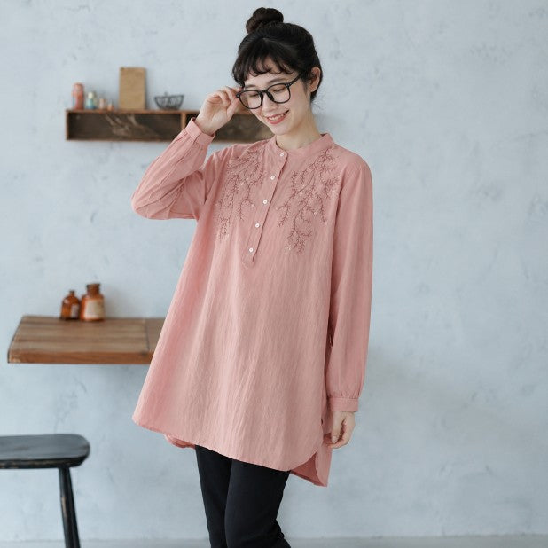 M-2XL 長く着られる スタンドカラー 刺繍 ロング丈 体型カバー シャツ 2XL ピンク