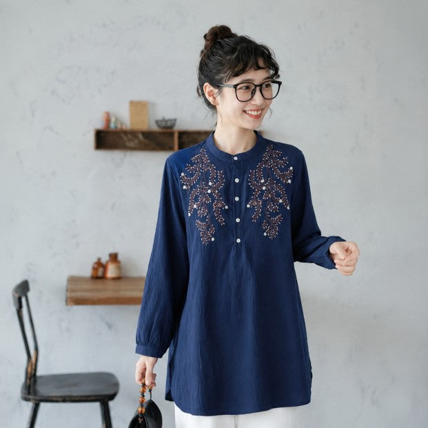 M-2XL 長く着られる スタンドカラー 刺繍 ロング丈 体型カバー シャツ 2XL ブルー