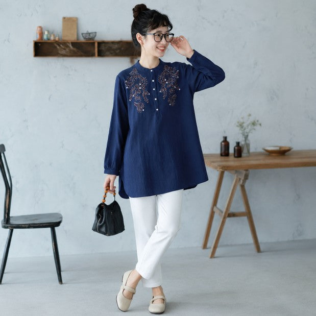 M-2XL 長く着られる スタンドカラー 刺繍 ロング丈 体型カバー シャツ M ホワイト