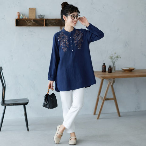 M-2XL 長く着られる スタンドカラー 刺繍 ロング丈 体型カバー シャツ M ホワイト