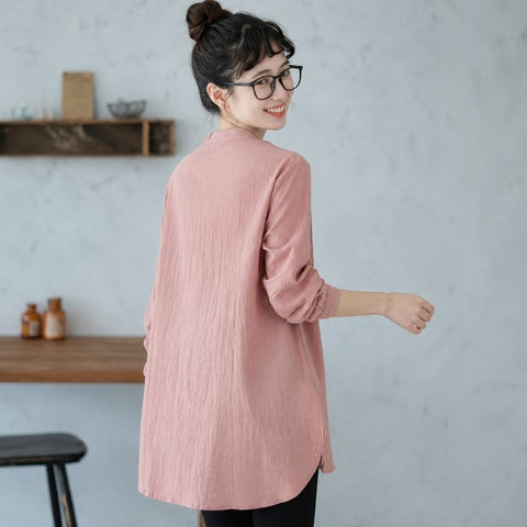 M-2XL 長く着られる スタンドカラー 刺繍 ロング丈 体型カバー シャツ M ホワイト