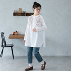 M-2XL 長く着られる スタンドカラー 刺繍 ロング丈 体型カバー シャツ M ホワイト