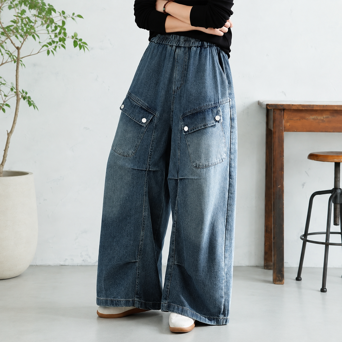 M-2XL  切り替え 無地 ポケット付き ロング丈 ボタン  ジーンズ M ブラック