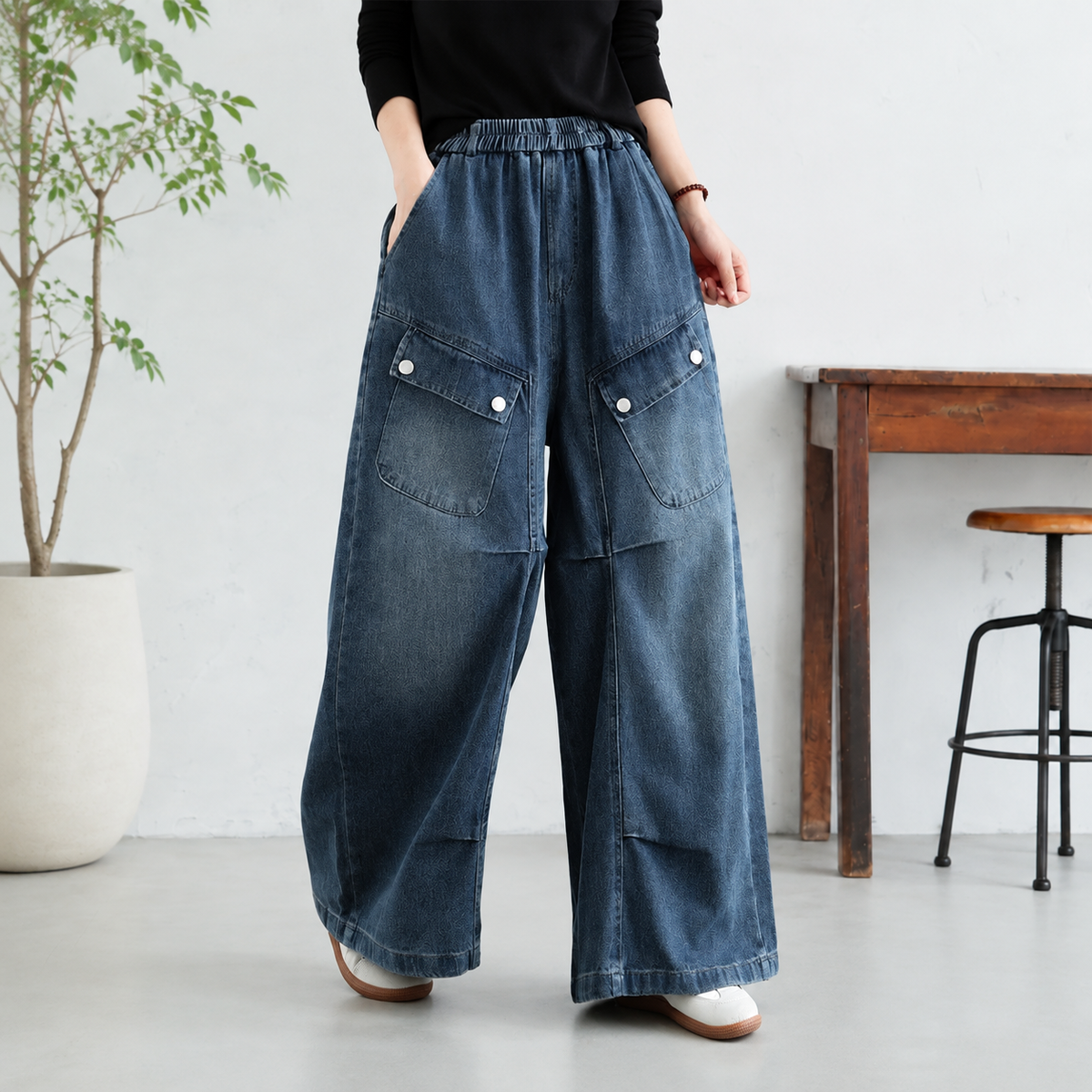 M-2XL  切り替え 無地 ポケット付き ロング丈 ボタン  ジーンズ M ブラック
