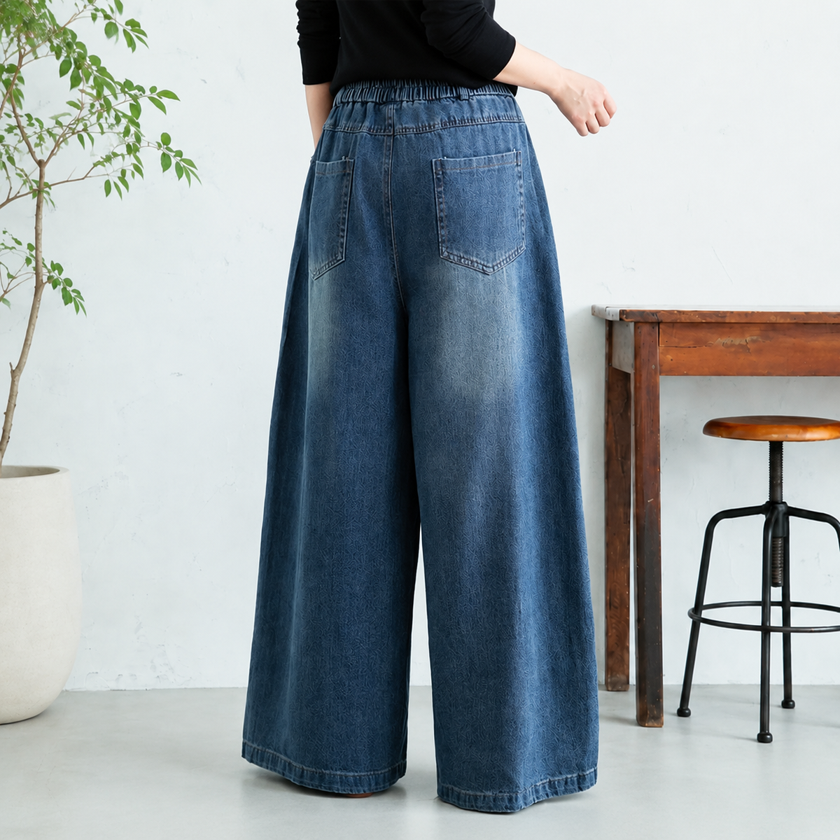 M-2XL  切り替え 無地 ポケット付き ロング丈 ボタン  ジーンズ M ブラック