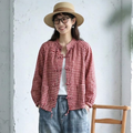 S-XL 綿麻 チェック柄 長袖 ランタンスリーブ ボタン レトロ シャツ XL レッド