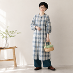 S-3XL 柔らかくて優しい印象 清新 シンプル チェック柄 長袖 シャツワンピース S 青と白のチェック