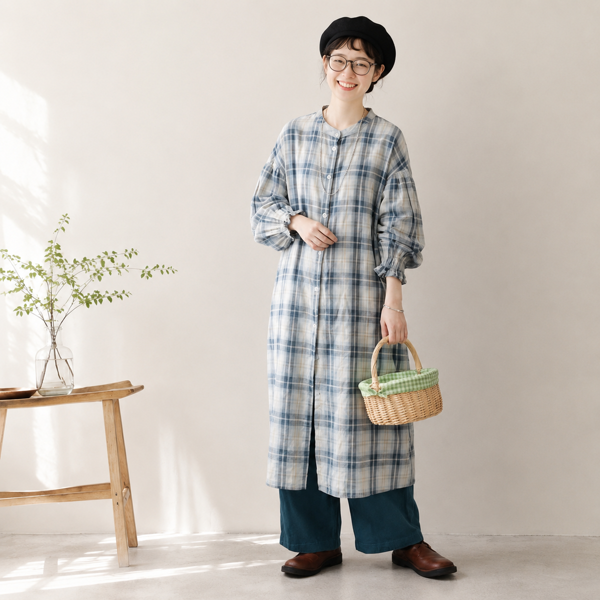 S-3XL 柔らかくて優しい印象 清新 シンプル チェック柄 長袖 シャツワンピース S 青と白のチェック
