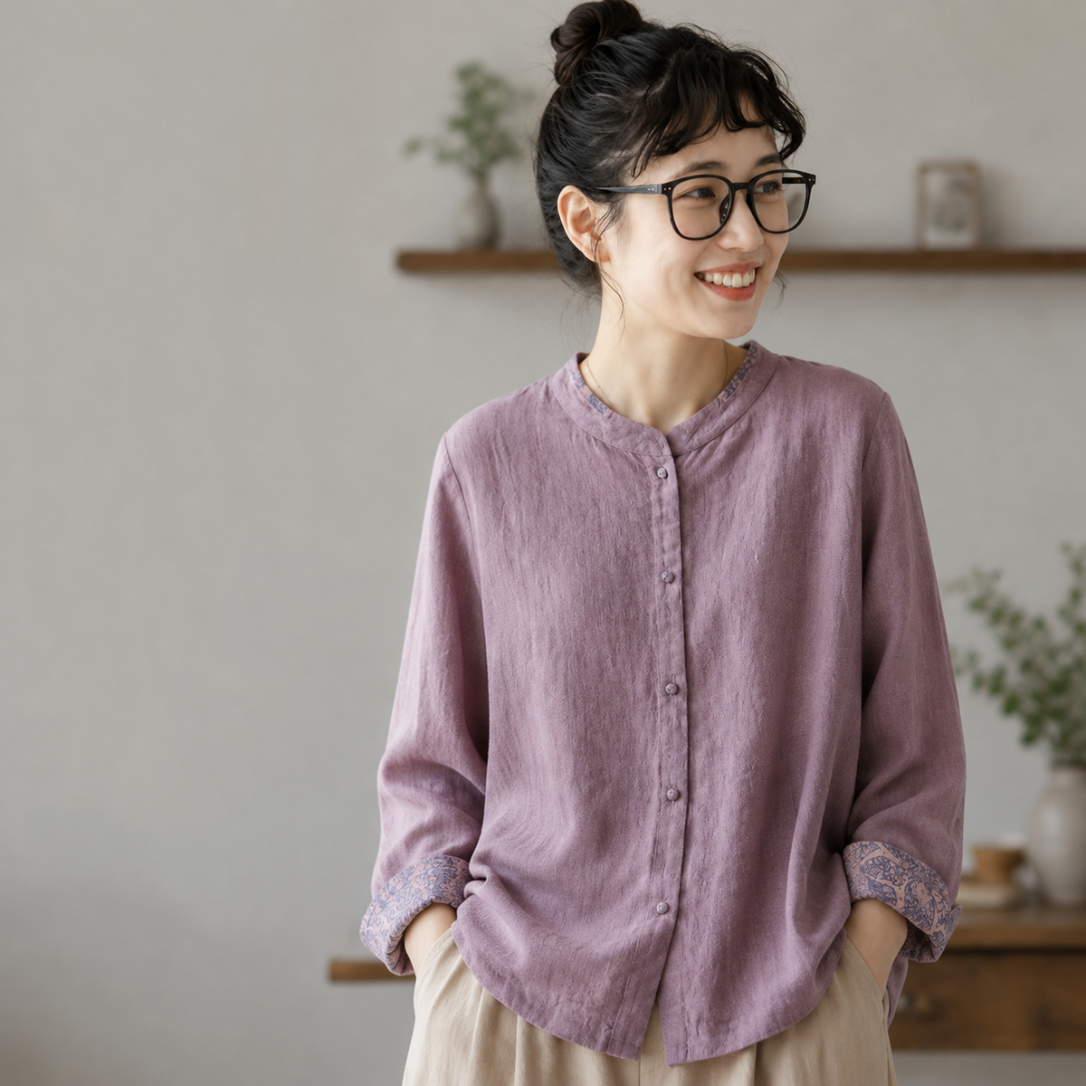 M-2XL 晩秋向け チャイナ風 スタンドカラー ロングスリーブ シャツ M ダークパープル