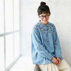 M-2XL コットン 花模様 ラウンドネック 刺繍 ノーマルスリーブ 長袖 シャツ M ライトブルー