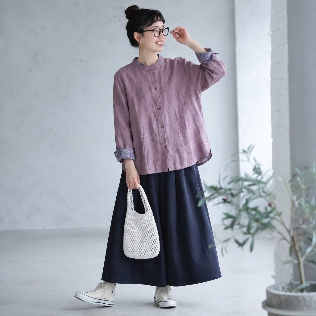 M-2XL 晩秋向け チャイナ風 スタンドカラー ロングスリーブ シャツ M ダークパープル