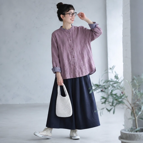 M-2XL 晩秋向け チャイナ風 スタンドカラー ロングスリーブ シャツ M ダークパープル