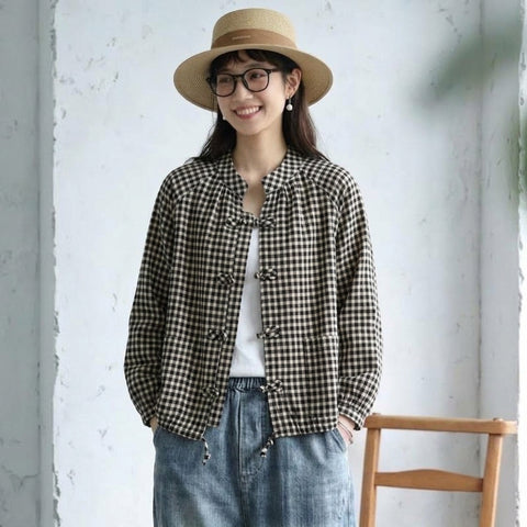 S-XL 綿麻 チェック柄 長袖 ランタンスリーブ ボタン レトロ シャツ S レッド
