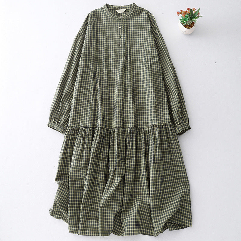 M-2XL チェック柄 シンプル 長袖 ラウンドネック 切り替え プリーツ ワンピース M グリーン