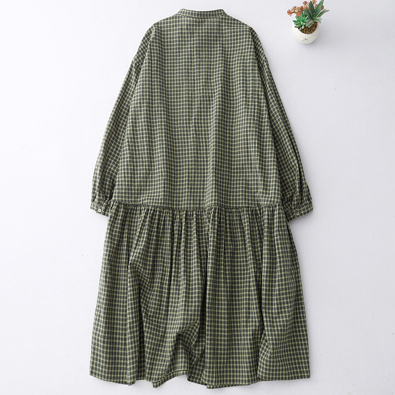 M-2XL チェック柄 シンプル 長袖 ラウンドネック 切り替え プリーツ ワンピース M グリーン