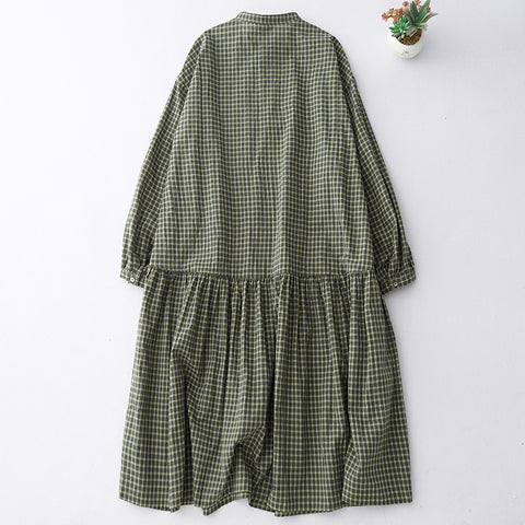 M-2XL チェック柄 シンプル 長袖 ラウンドネック 切り替え プリーツ ワンピース M グリーン