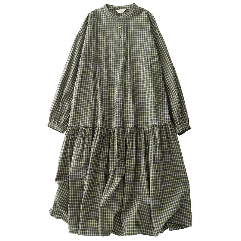 M-2XL チェック柄 シンプル 長袖 ラウンドネック 切り替え プリーツ ワンピース M グリーン