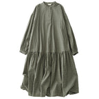 M-2XL チェック柄 シンプル 長袖 ラウンドネック 切り替え プリーツ ワンピース M グリーン