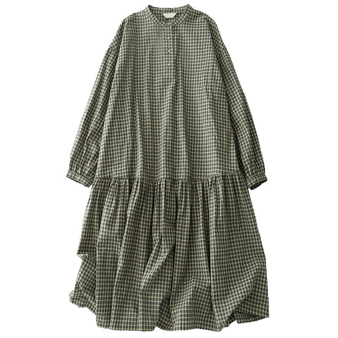 M-2XL チェック柄 シンプル 長袖 ラウンドネック 切り替え プリーツ ワンピース M グリーン
