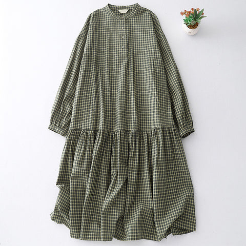 M-2XL チェック柄 シンプル 長袖 ラウンドネック 切り替え プリーツ ワンピース 2XL グリーン