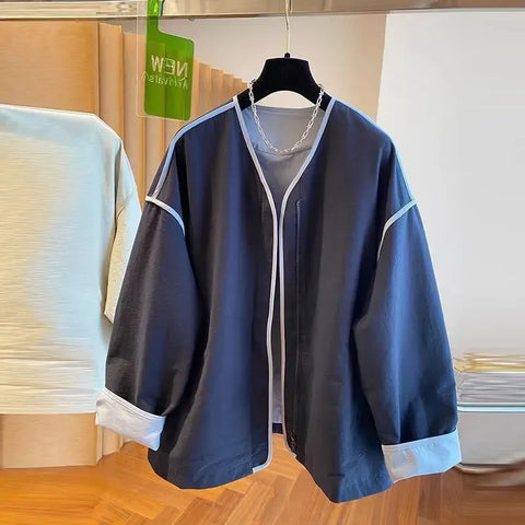 M-4XL 人気を獲得♡ 落ち肩スリーブ 長袖 無地 配色 ジャケット M ネイビー