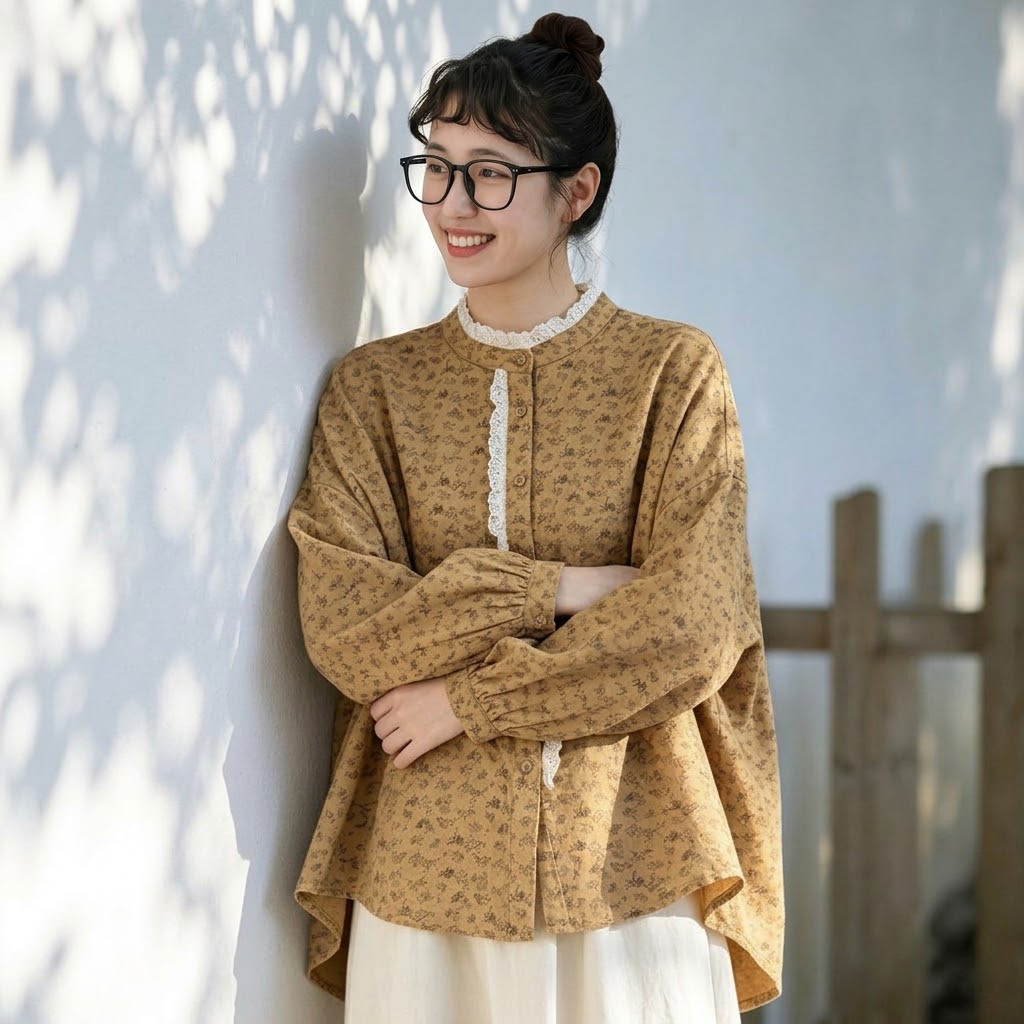 トレンドを先取り♪ 花柄 スウィート 切り替え レース 長袖 シャツ フリー イエロー