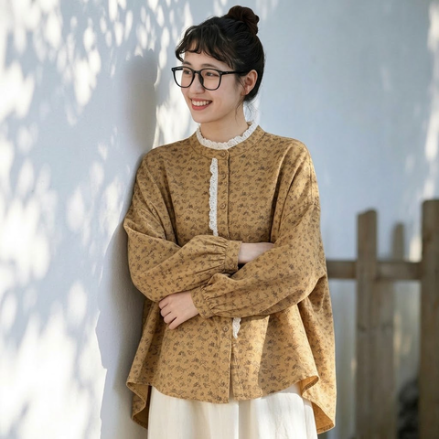 トレンドを先取り♪ 花柄 スウィート 切り替え レース 長袖 シャツ フリー イエロー