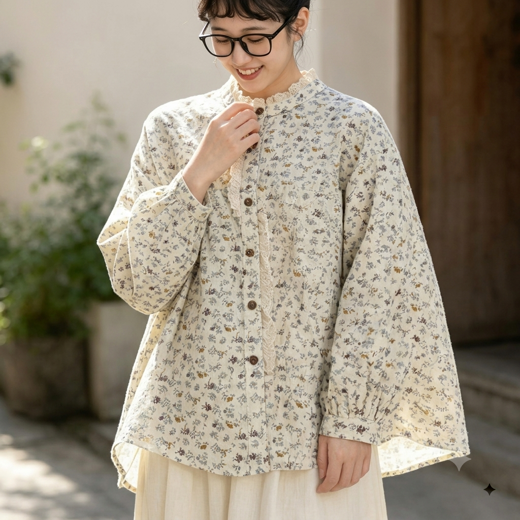トレンドを先取り♪ 花柄 スウィート 切り替え レース 長袖 シャツ フリー ベージュ