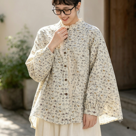 トレンドを先取り♪ 花柄 スウィート 切り替え レース 長袖 シャツ フリー ベージュ