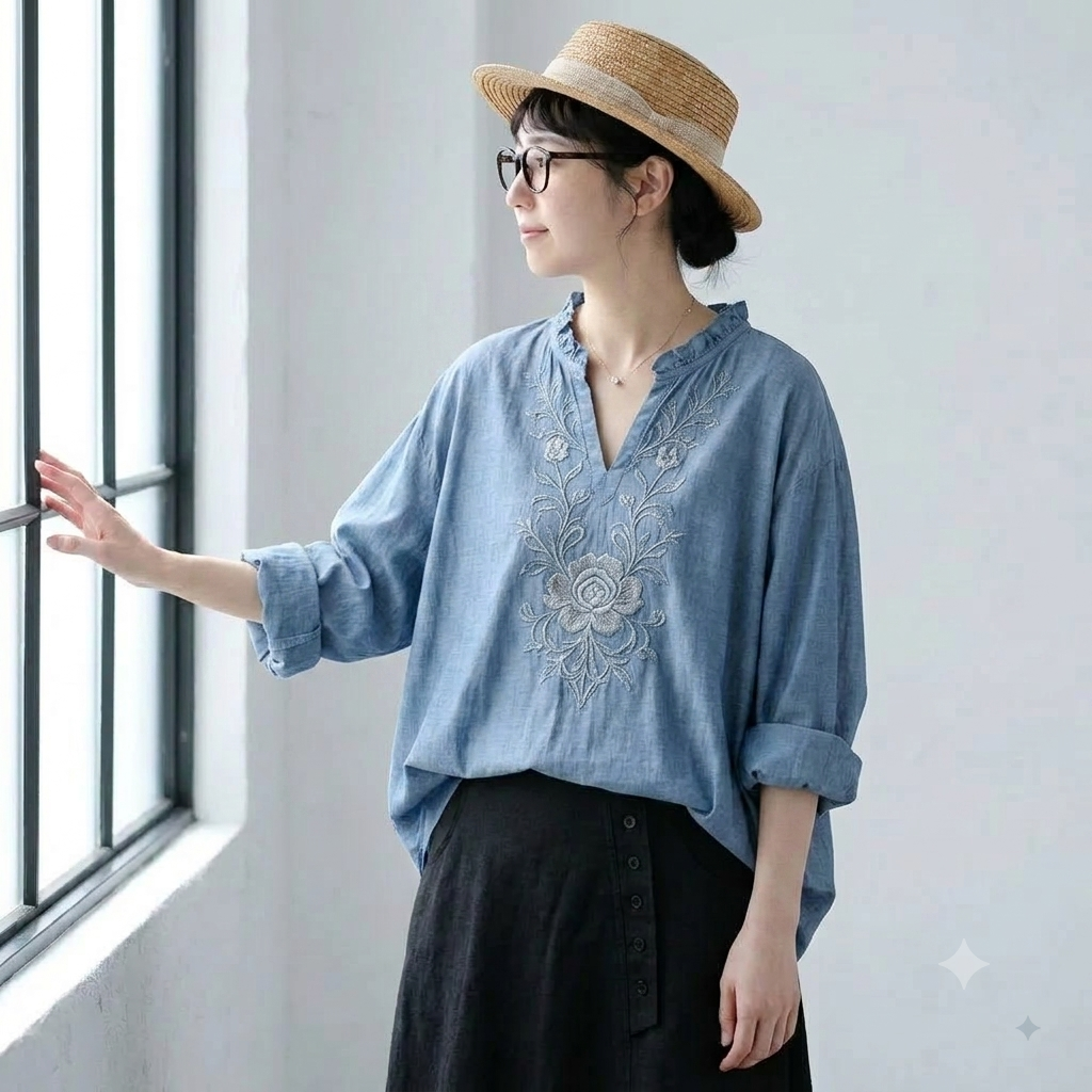 M-3XL 刺繍 ファッション 長袖 ブラウス M ブルー