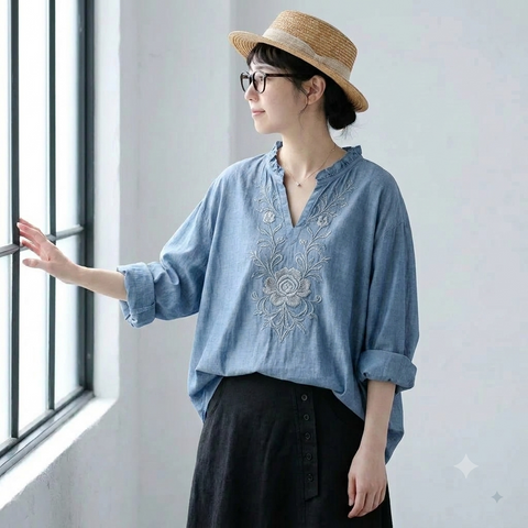 M-3XL 刺繍 ファッション 長袖 ブラウス M ブルー