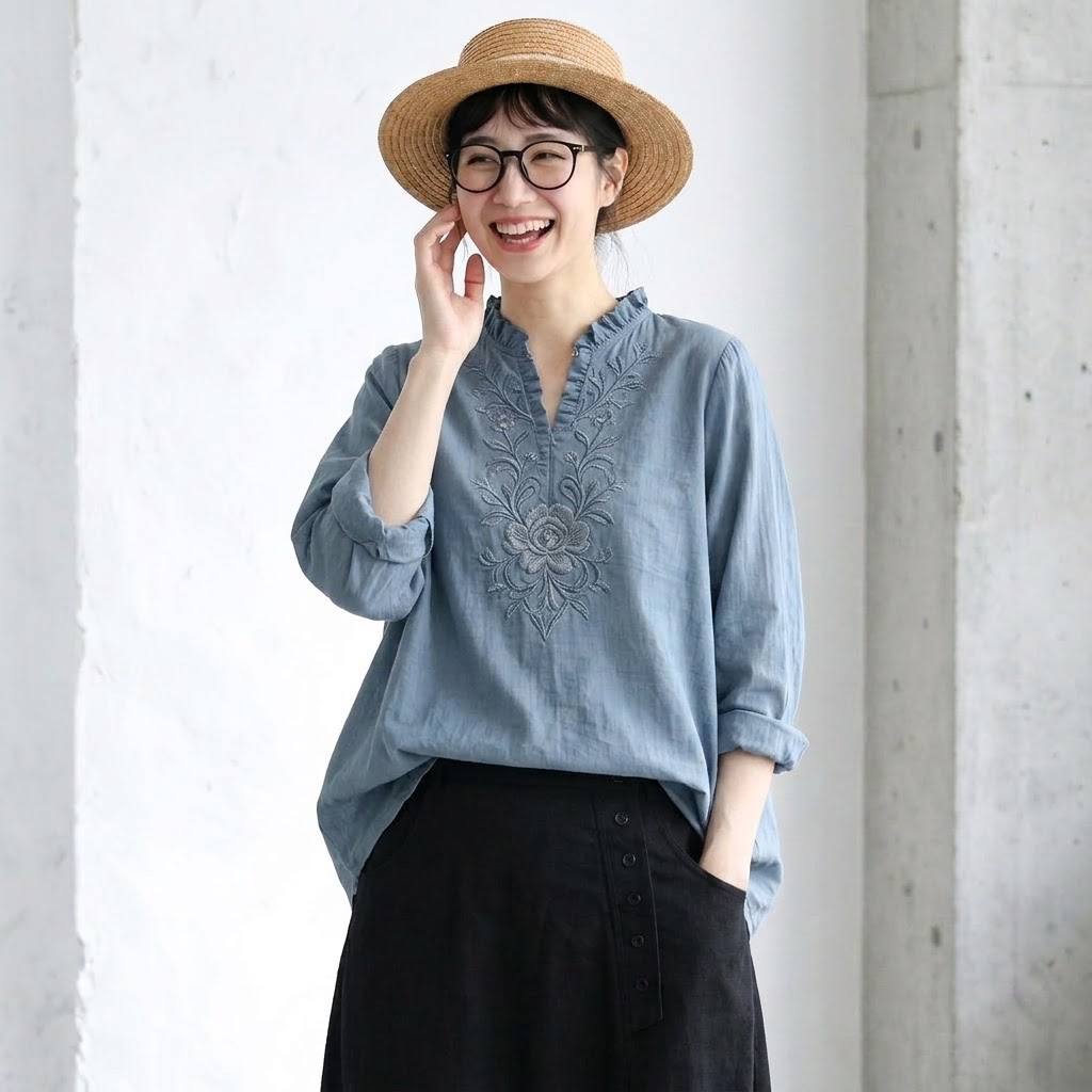 M-3XL 刺繍 ファッション 長袖 ブラウス M ブルー