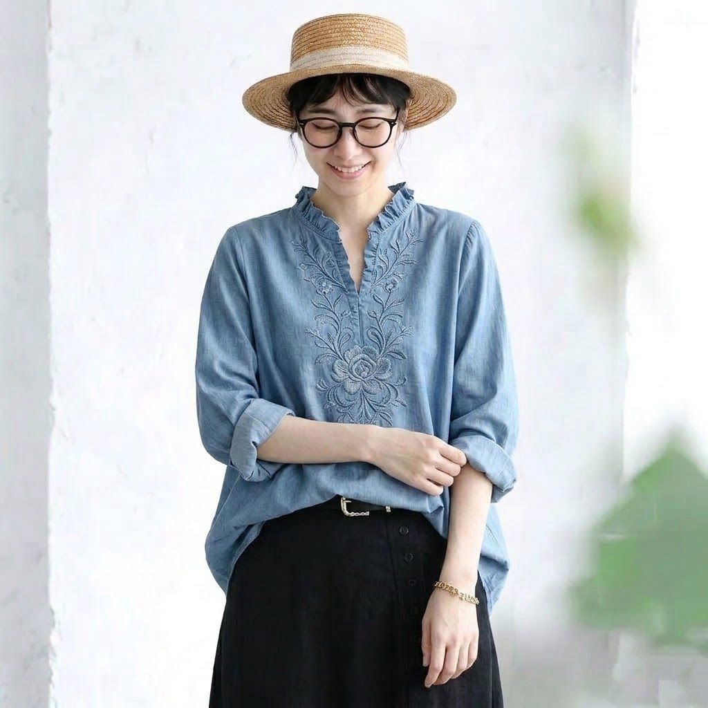 M-3XL 刺繍 ファッション 長袖 ブラウス M ブルー