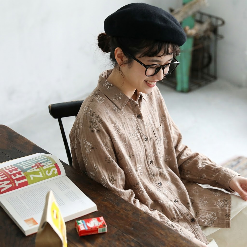 清新 森ガール プリント 折り襟 シングルブレスト 長袖 シャツ L ピンク