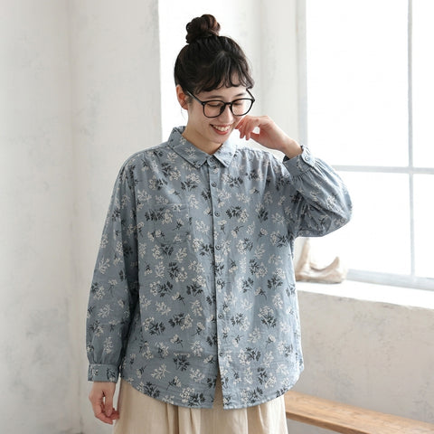 清新 森ガール プリント 折り襟 シングルブレスト 長袖 シャツ L ブルー