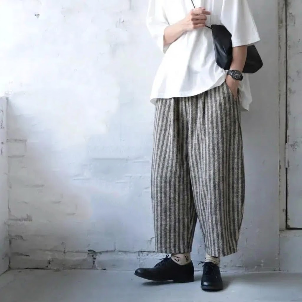 L-2XL ストライプ柄 体型カバー 長く着られる ワイドパンツ L グレー