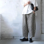 L-2XL ストライプ柄 体型カバー 長く着られる ワイドパンツ L グレー