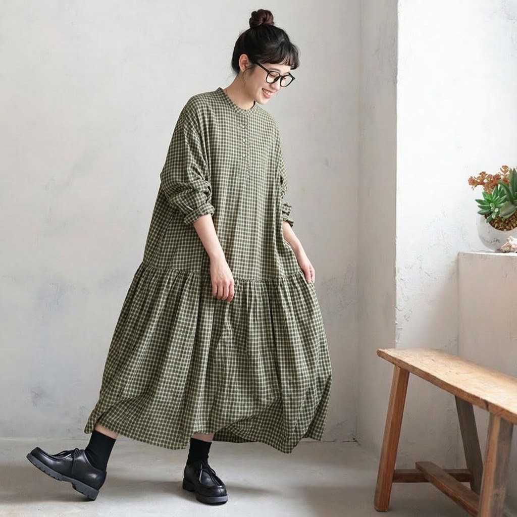 M-2XL チェック柄 シンプル 長袖 ラウンドネック 切り替え プリーツ ワンピース M グリーン