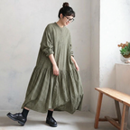 M-2XL チェック柄 シンプル 長袖 ラウンドネック 切り替え プリーツ ワンピース M グリーン