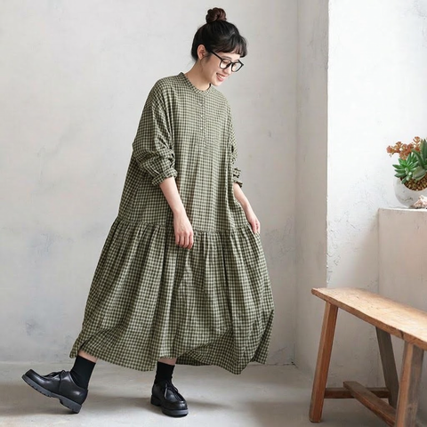 M-2XL チェック柄 シンプル 長袖 ラウンドネック 切り替え プリーツ ワンピース M グリーン