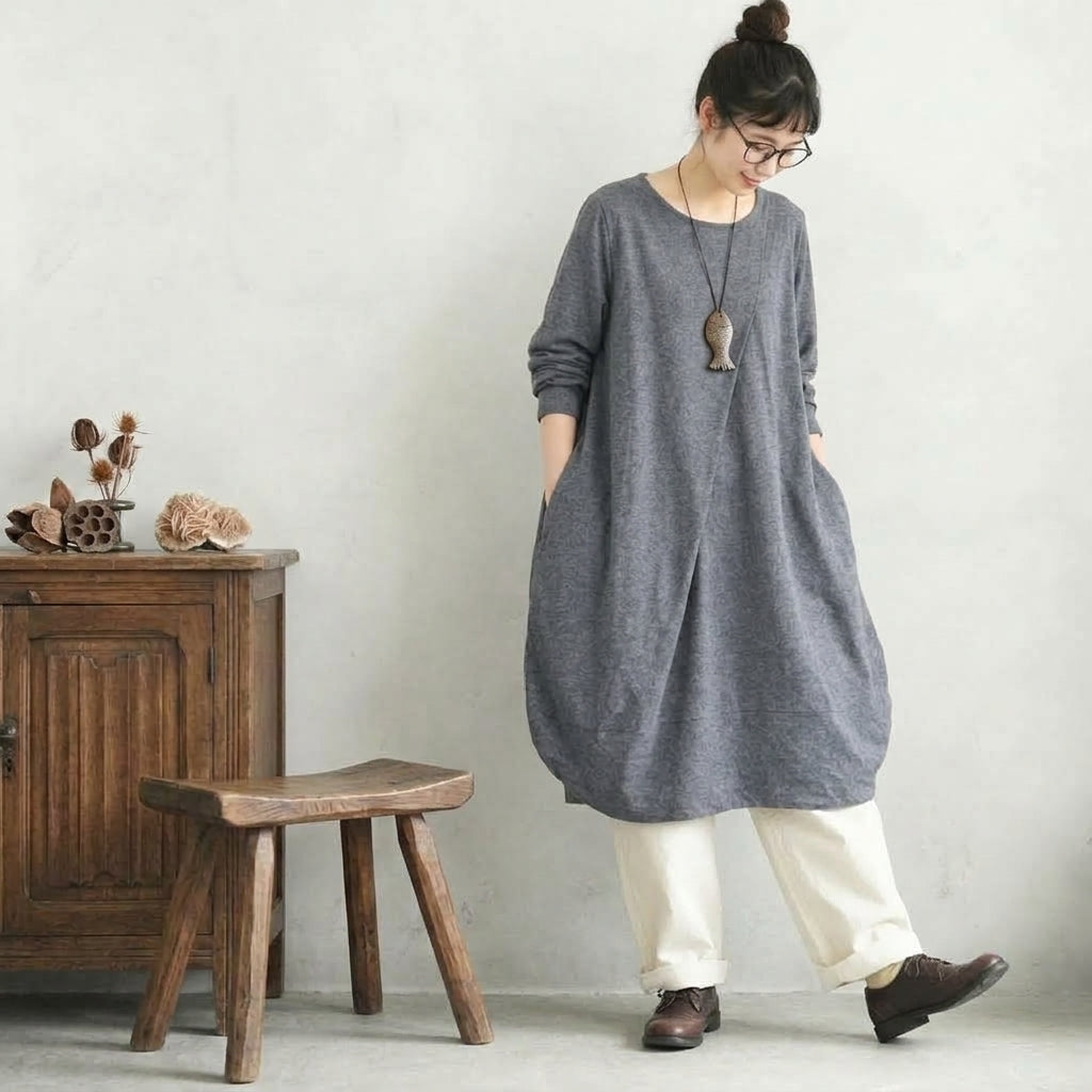 M-2XL  無地 シンプル アンプルライン ラウンドネック 長袖ワンピース M グレー