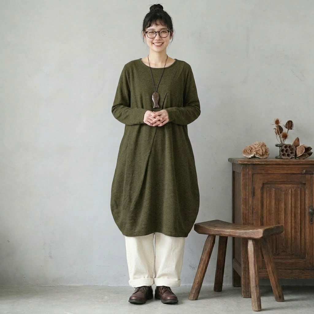 M-2XL  無地 シンプル アンプルライン ラウンドネック 長袖ワンピース M グレー