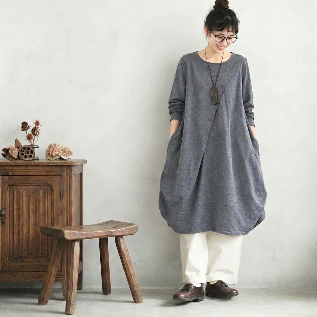 M-2XL  無地 シンプル アンプルライン ラウンドネック 長袖ワンピース 2XL グレー