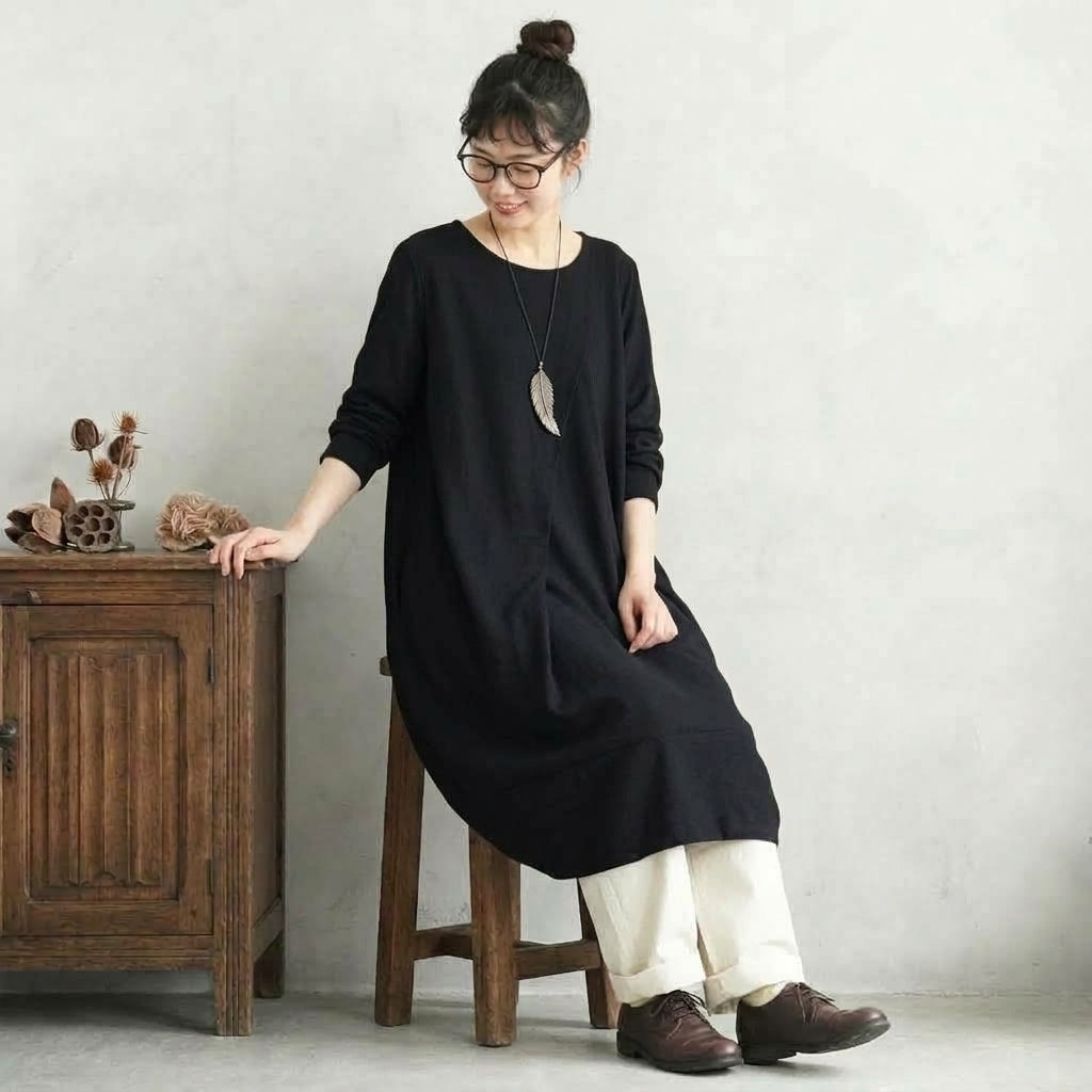 M-2XL  無地 シンプル アンプルライン ラウンドネック 長袖ワンピース 2XL ブラック