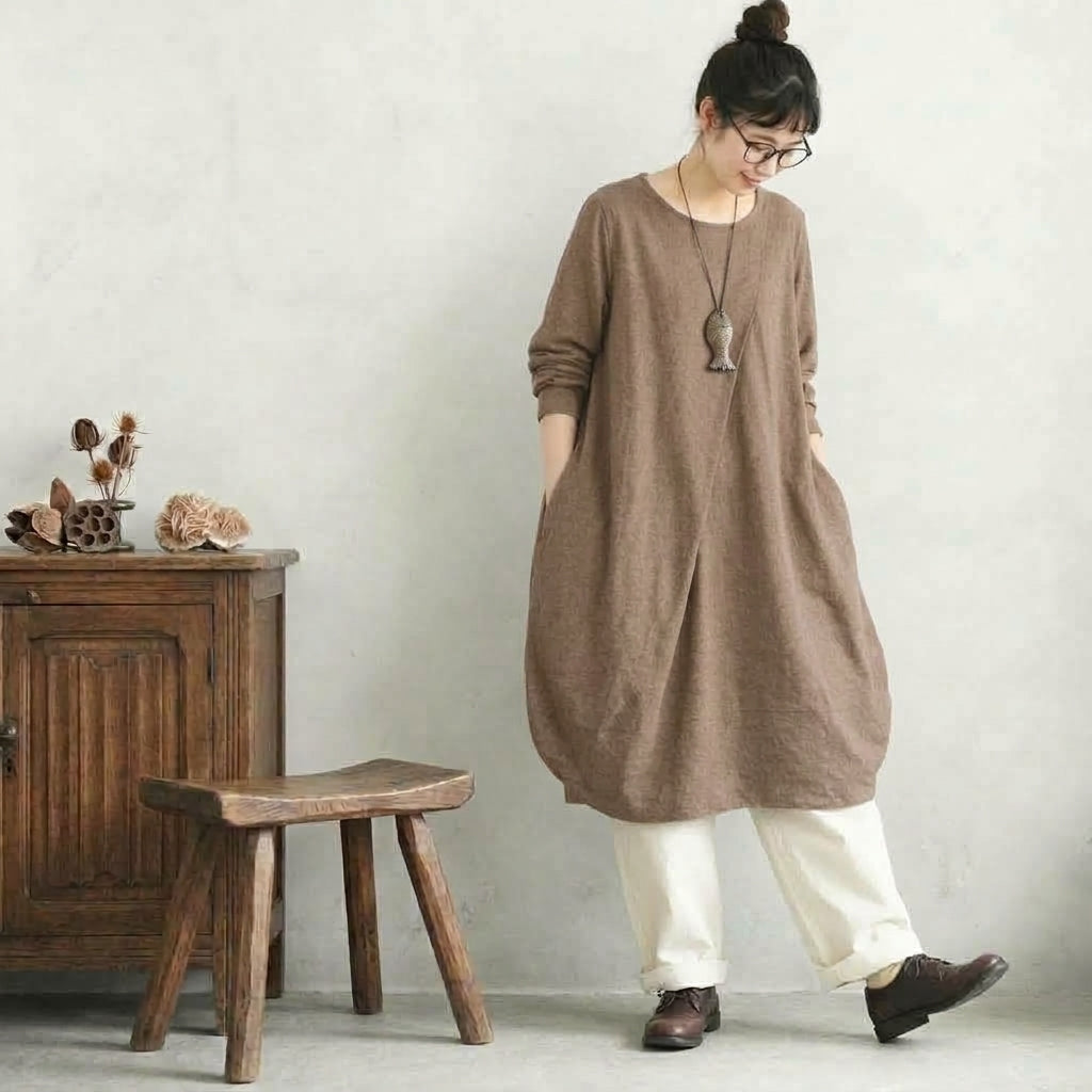 M-2XL  無地 シンプル アンプルライン ラウンドネック 長袖ワンピース 2XL コーヒー