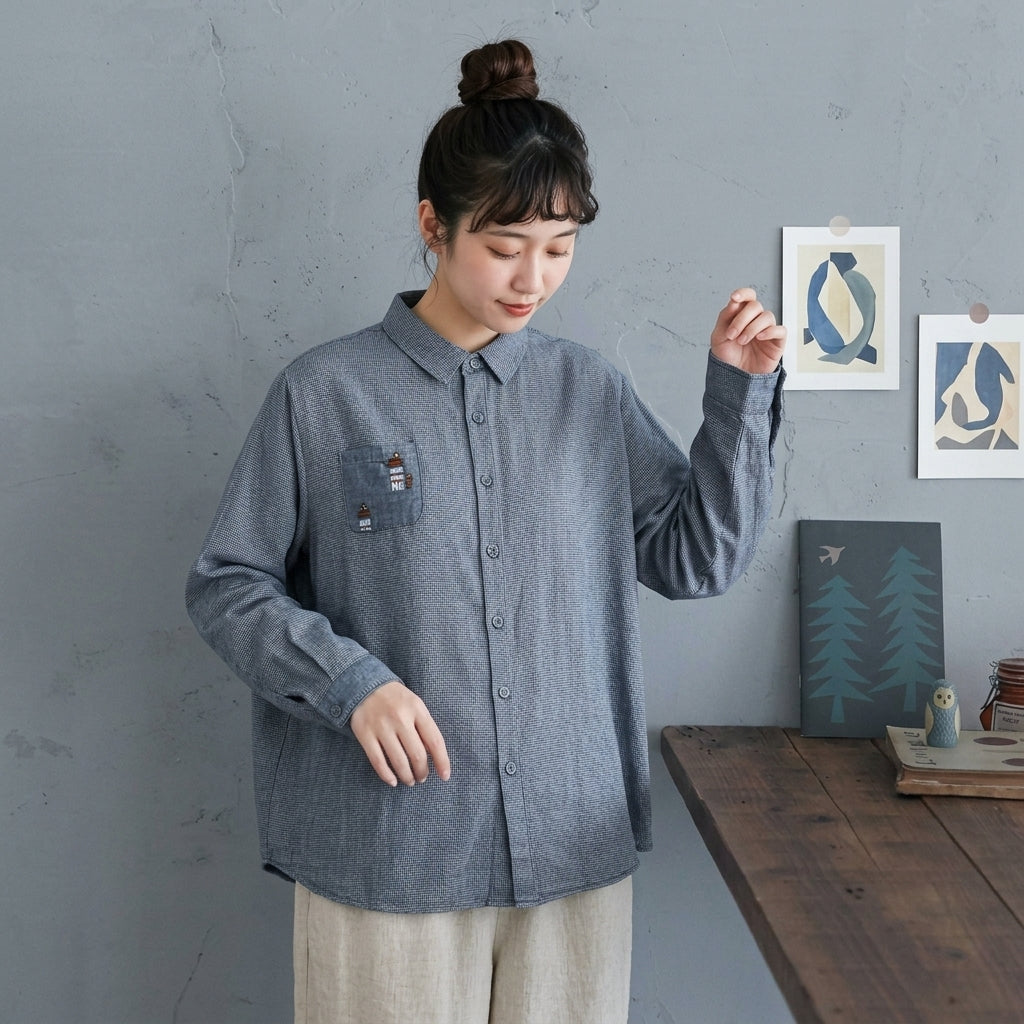 M-L 新品殺到 刺繍 千鳥格子 長袖 花模様 森ガール シャツ M フラワータイプ