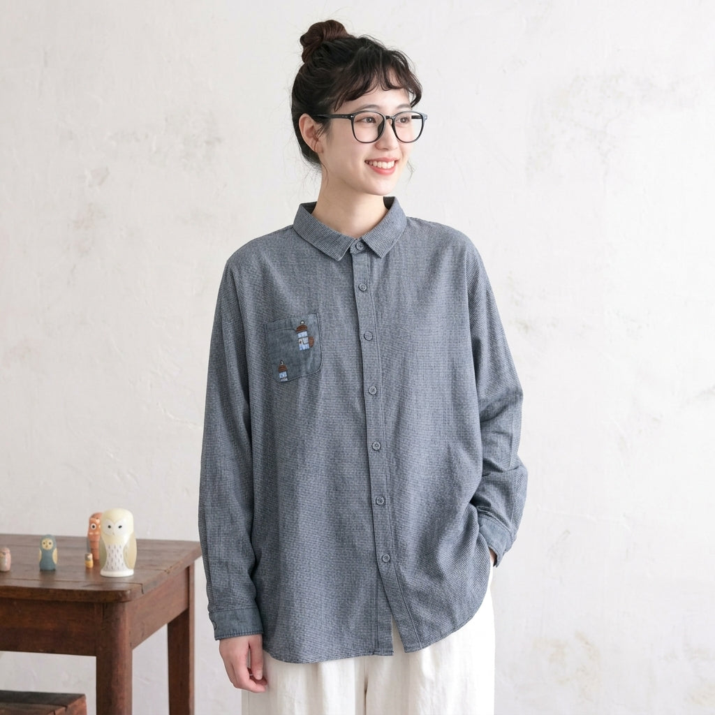 M-L 新品殺到 刺繍 千鳥格子 長袖 花模様 森ガール シャツ L ハウスタイプ