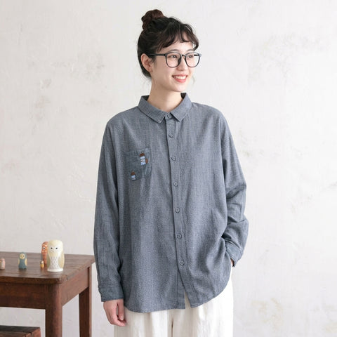 M-L 新品殺到 刺繍 千鳥格子 長袖 花模様 森ガール シャツ L ハウスタイプ